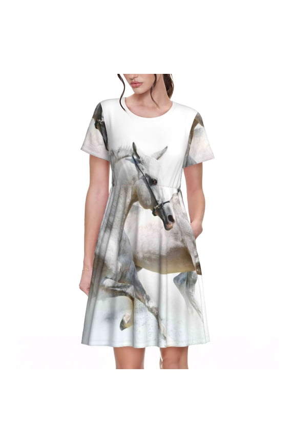Running White Horses Print Womens Summer A-Line Dress with Pockets,Short Sleeve Dresses,Flowy Beach Swing Dress for Vacation Travel
