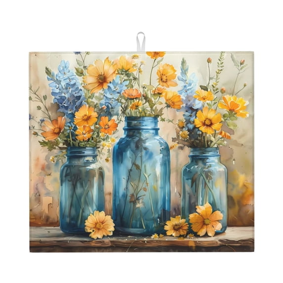 Naloa Rustic Blue Vase Blossoms Dish Drying Mat for Kitchen Counter, Heat Resistant Drainer Mats, Absorbent Draining Mat,Dish Rack Pad,16"x18"