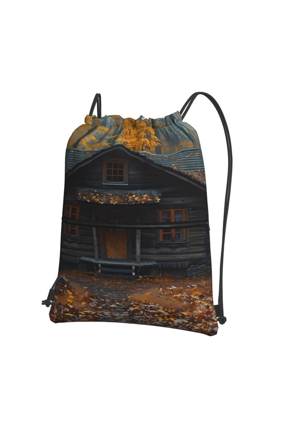 Rustic Cabin Autumn Forest Drawstring Backpack String Bag Cinch Water Resistant for Gym Shopping Sport Yoga