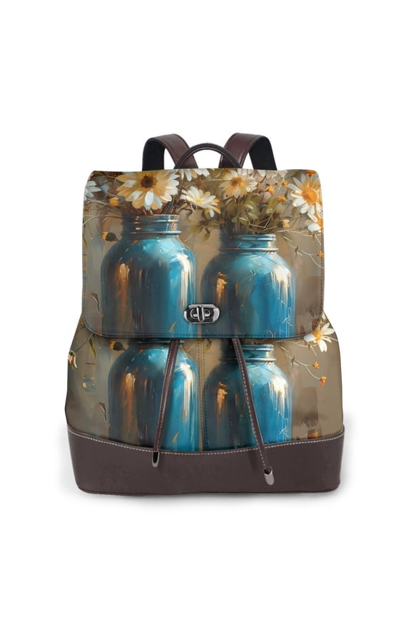 Rustic Daisy Mason Jars Print Women's Leather Backpack,Travel Laptop Backpack,Fashion Ladies Leather Backpack Bag for Travel,Leather Drawstring Daypack for Me