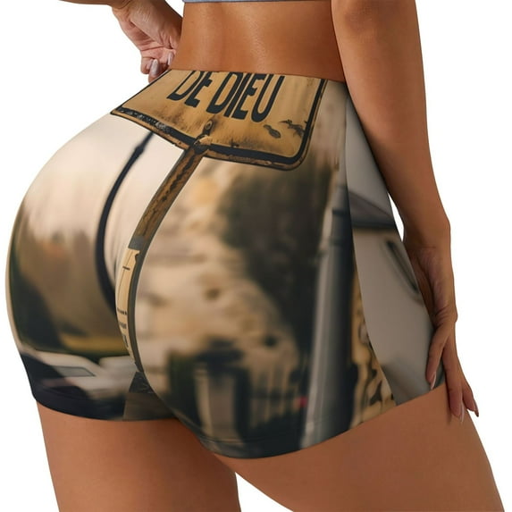 Naloa Rustic French Signpost Biker Shorts for Women Seamless Scrunch Short Women’s Yoga Shorts for Gym Running Sport Shorts-X-Large