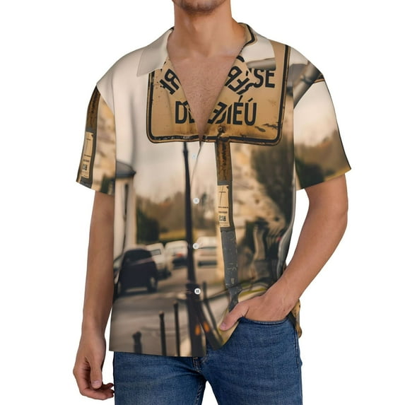 Naloa Rustic French Signpost Men's Loose Fit Cuban Collar Short-Sleeve Shirt, Hawaiian Shirts, Mens Shirts Casual for Everyday Wear Outings-XX-Large