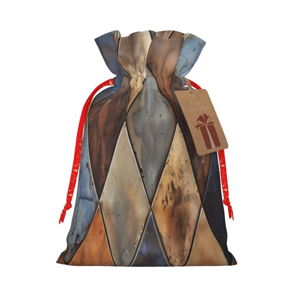 Naloa Rustic Tile Pattern Drawstring Christmas Bags, 3D Xmas Gift Bags, Christmas Wrapping Bags, Xmas Goodie Bags, Treat Pouch Bags, Party Favor Bags-