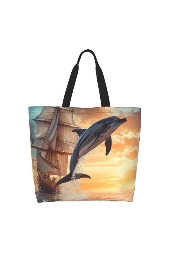 Sailing Dancing Dolphin Tote Bag for Women Large Capacity Shoulder Bag for College Work Travel Shopping