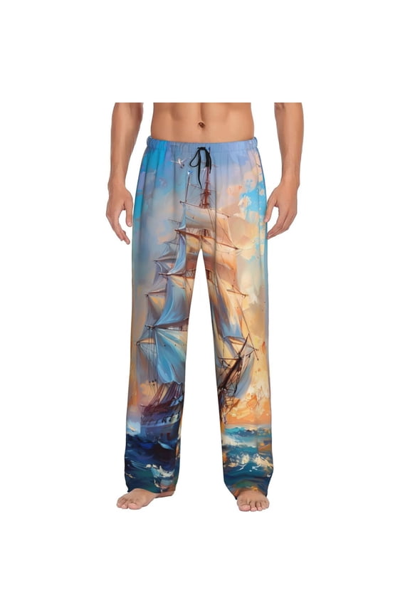 Sailing Ship Ocean Sunset Pajama Pants Men, PJ Bottoms, Sleep & Lounge Pants-Small
