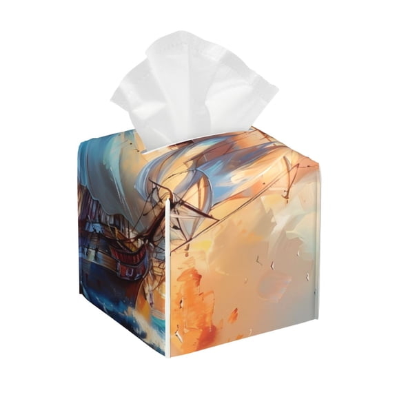 Naloa Sailing Ship Ocean Sunset Tissue Box Cover Leather Tissue Holder Square Facial Tissue Case for Bathroom, Vanity Countertop, Tabletop, Car
