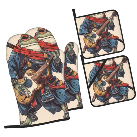 Naloa Samurai Frog Guitar Oven Mitts and Pot Holders 4 pcs Set, Cooking Baking Grilling Kitchen Oven Glove for Cooking