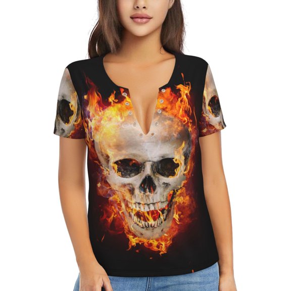 Naloa Satanic Skull Print T-Shirts Short Sleeve V Neck Tees for Women Fashion Tops Trendy Lightweight Soft Casual Summer Outfits Clothes