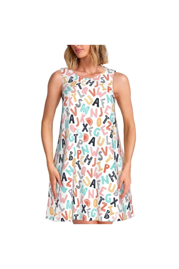 Scandinavian Alphabet1 Print Women's Summer Spring Casual Beach Sundress,Vacation Sleeveless Tank Crewneck Loose Dresses