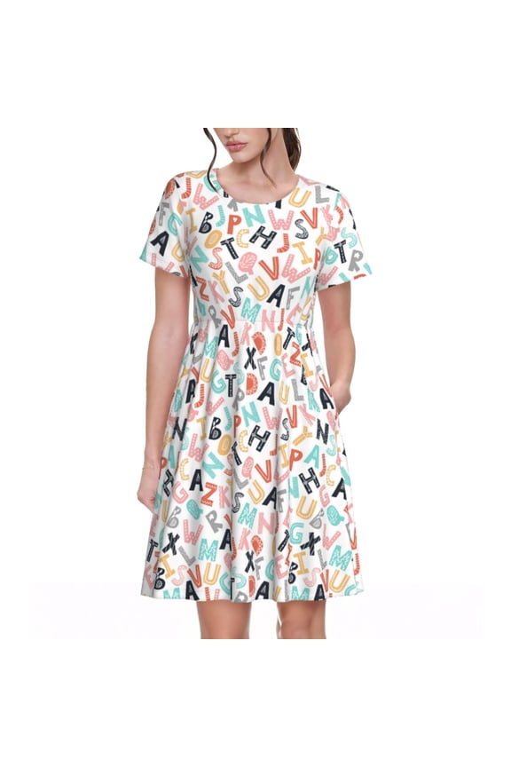 Scandinavian Alphabet1 Print Womens Summer A-Line Dress with Pockets,Short Sleeve Dresses,Flowy Beach Swing Dress for Vacation Travel