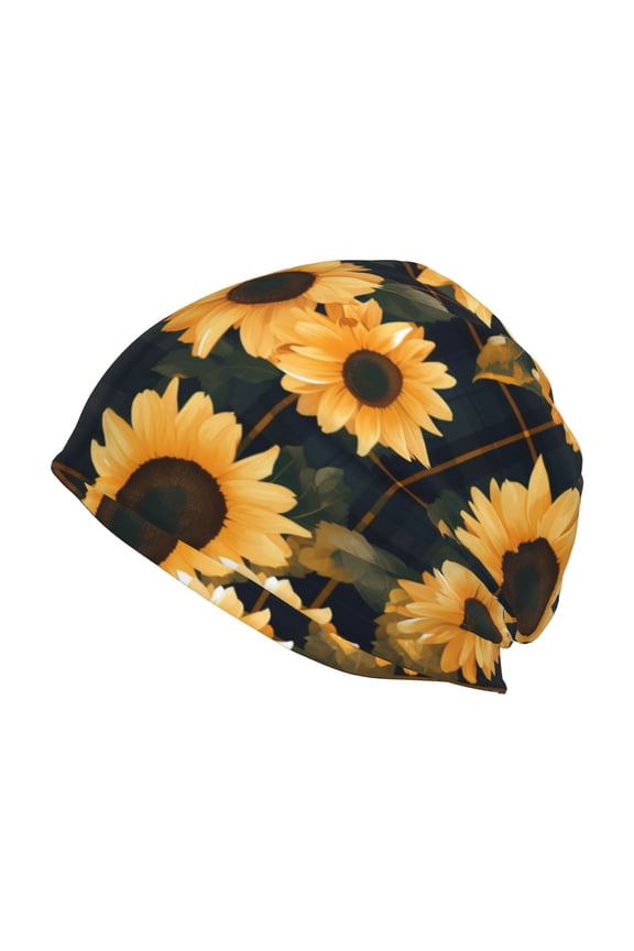 Scottish Blue Plaid Sunflower Beanie for Men Women Knitted Unisex Winter Hat Beanies Cap Knit Cuffed Beanies Hats