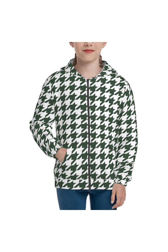 Scottish Checkered Teenage Zipper Hoodie, Long Sleeve Zip Up Hoodies Casual Jackets Tops for 7-12 Years-Small