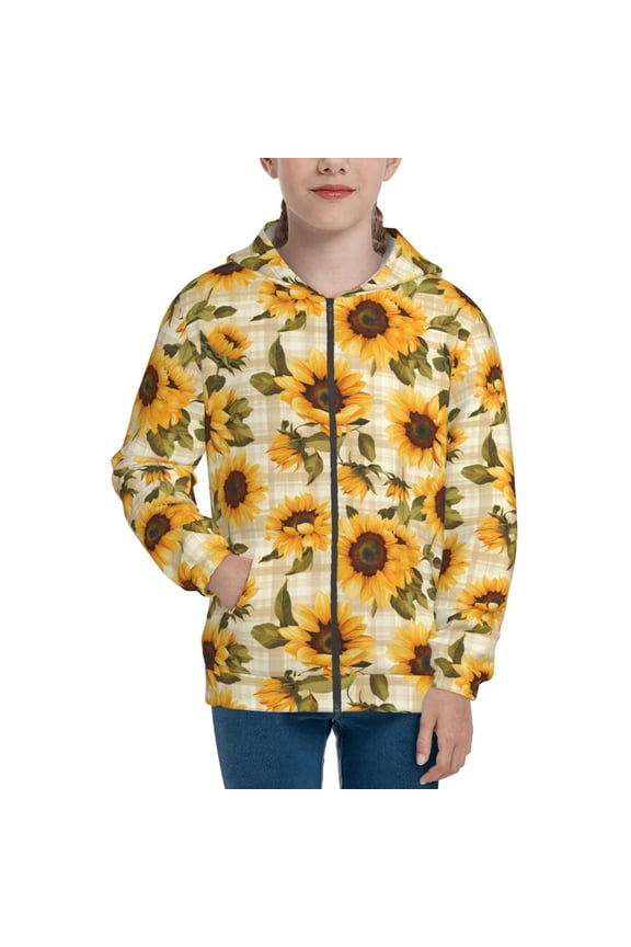 Scottish Plaid Sunflower Teenage Zipper Hoodie, Long Sleeve Zip Up Hoodies Casual Jackets Tops for 7-12 Years-Small