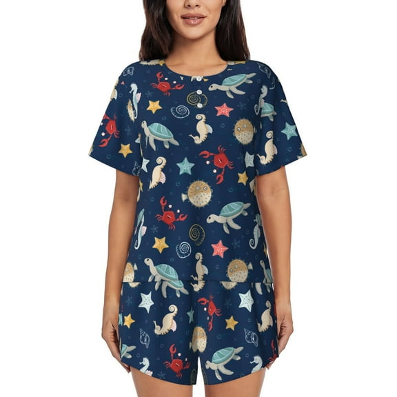 Naloa Sea Creatures Women's Short-Sleeved Pajama Set, Loungewear, Summer pajamas, Breathable Cozy - Medium