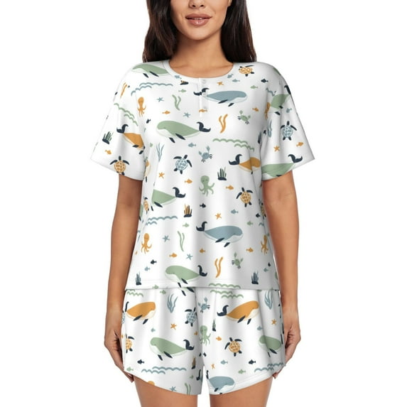 Naloa Sea Creatures Women's Short-Sleeved Pajama Set, Loungewear, Summer pajamas, Breathable Cozy - X-Large