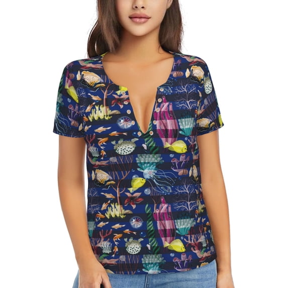 Naloa Sea Inhabitans and Herb Print T-Shirts Short Sleeve V Neck Tees for Women Fashion Tops Trendy Lightweight Soft Casual Summer Outfits Clothes