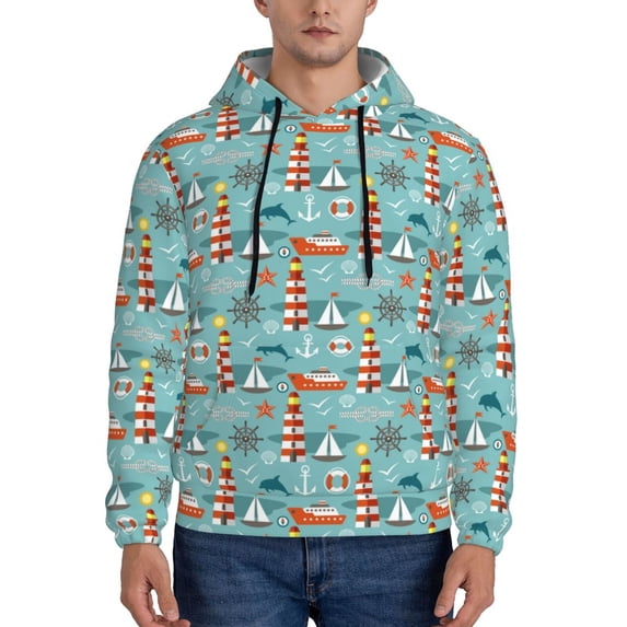 Naloa Sea Lighthouse Men's Casual Hooded Collar Drawstring Hoodies Pullover Sweatshirts Casual Long Sleeve Shirts-X-Large