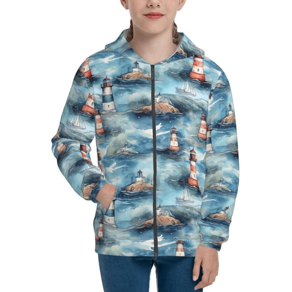 Naloa Sea Marine And Lighthouse Teenage Zipper Hoodie, Long Sleeve Zip Up Hoodies Casual Jackets Tops for 7-12 Years-Medium