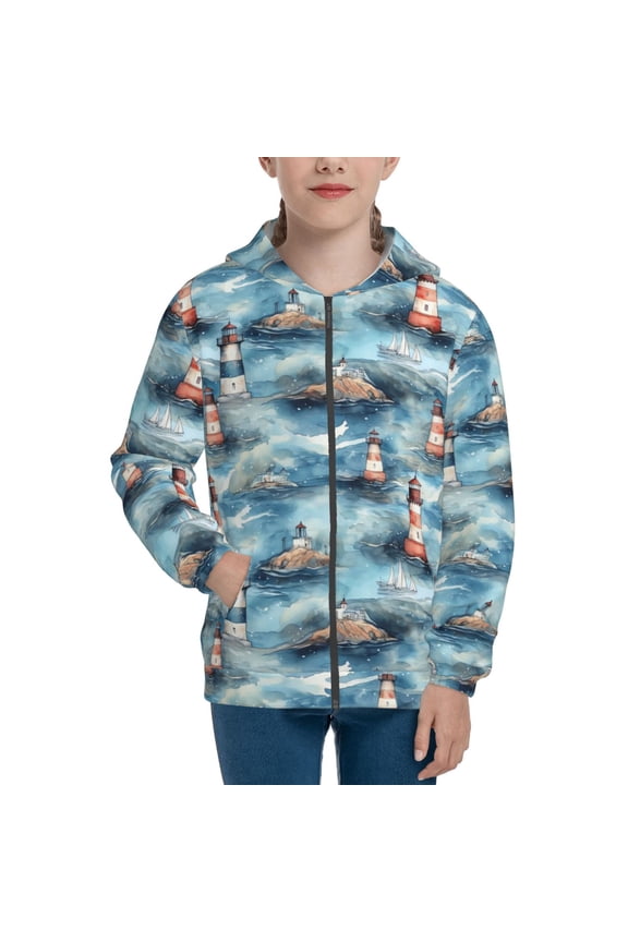 Sea Marine And Lighthouse Teenage Zipper Hoodie, Long Sleeve Zip Up Hoodies Casual Jackets Tops for 7-12 Years-Medium