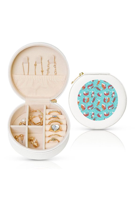 Sea Otters Family In Blue Water Round Jewelry Box, Travel Jewelry Organizer, 3.9 x 3.9 x 2in Jewelry Storage Box for Women-White