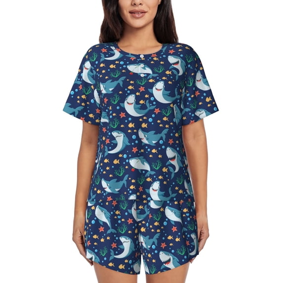 Naloa Sea Sharks Women's Short-Sleeved Pajama Set, Loungewear, Summer pajamas, Breathable Cozy - Small