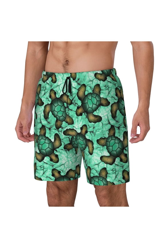 Sea Turtle Print Men Swim Trunks with Compression Liner ,Board Shorts,Men's Swim Shorts with Drawstring and Elastic Waistband-Large