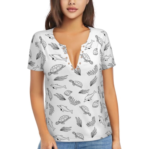 Naloa Sea Turtle Print T-Shirts Short Sleeve V Neck Tees for Women Fashion Tops Trendy Lightweight Soft Casual Summer Outfits Clothes