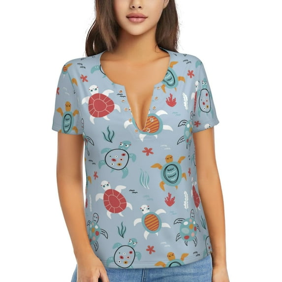 Naloa Sea Turtle Print T-Shirts Short Sleeve V Neck Tees for Women Fashion Tops Trendy Lightweight Soft Casual Summer Outfits Clothes
