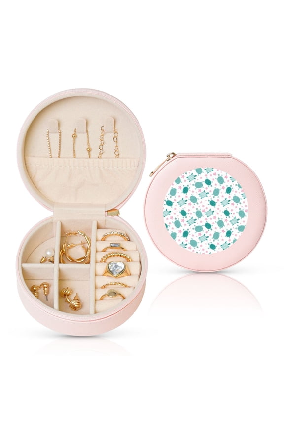 Sea Turtle Round Jewelry Box, Travel Jewelry Organizer, 3.9 x 3.9 x 2in Jewelry Storage Box for Women-Pink