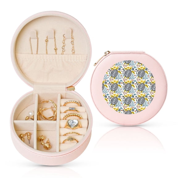 Naloa Sea Turtle Round Jewelry Box, Travel Jewelry Organizer, 3.9 x 3.9 x 2in Jewelry Storage Box for Women-Pink