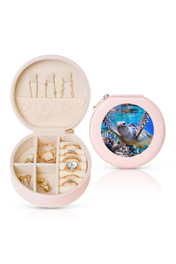 Sea Turtle Swims Round Jewelry Box, Travel Jewelry Organizer, 3.9 x 3.9 x 2in Jewelry Storage Box for Women-Pink