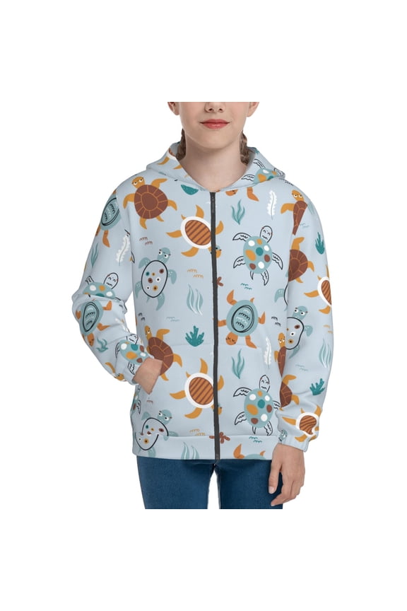 Sea Turtle Teenage Zipper Hoodie, Long Sleeve Zip Up Hoodies Casual Jackets Tops for 7-12 Years-Small