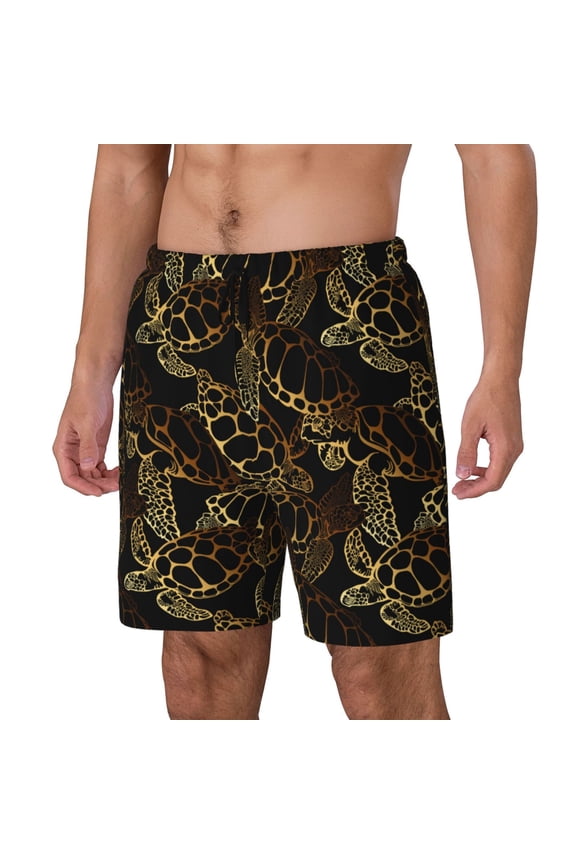 Sea Turtle With Ocean Print Men Swim Trunks with Compression Liner ,Board Shorts,Men's Swim Shorts with Drawstring and Elastic Waistband-Large
