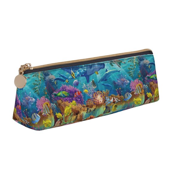 Naloa Sea World Print Leather Pencil Case - Portable Big Capacity Pencil Pouch Organizer Bag Stationery Bag for Work & Office Pencil Pen Case