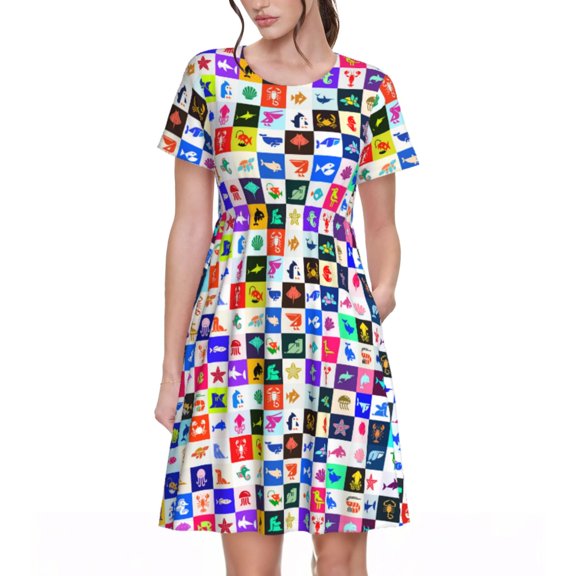 Naloa Sea animals Collage Print Womens Summer A-Line Dress with Pockets,Short Sleeve Dresses,Flowy Beach Swing Dress for Vacation Travel