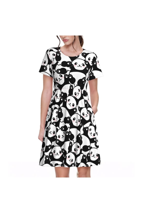 Seamless Pattern Cute Panda Print Womens Summer A-Line Dress with Pockets,Short Sleeve Dresses,Flowy Beach Swing Dress for Vacation Travel