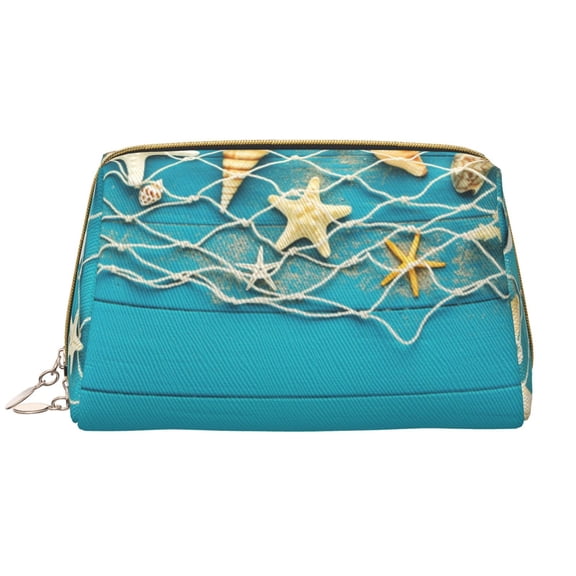 Naloa Seashells And Fishing Net On Blue Wooden Table Leather Makeup Bag for Purse Travel, Portable Small Cosmetic Organizer for Women and Girls, Make up Bag with Zipper