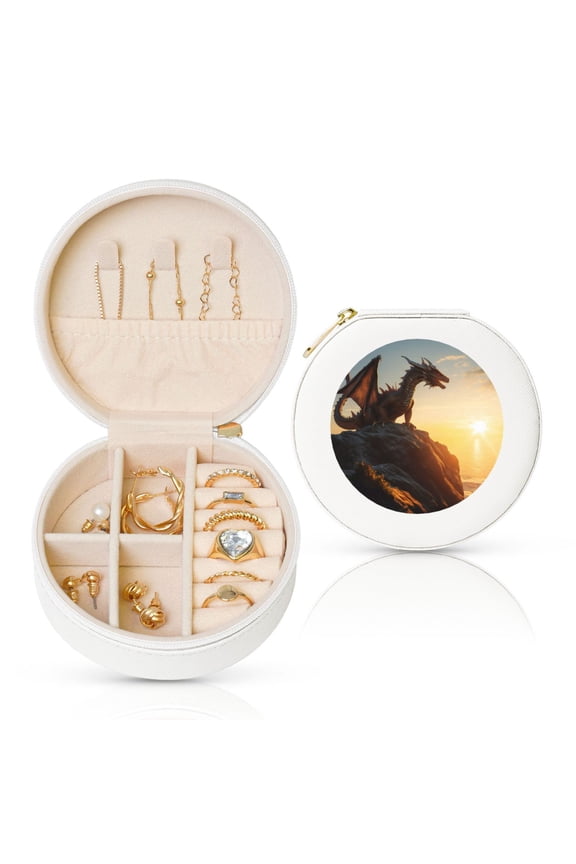 Seaside Sunset Cool Dragon Round Jewelry Box, Travel Jewelry Organizer, 3.9 x 3.9 x 2in Jewelry Storage Box for Women-White