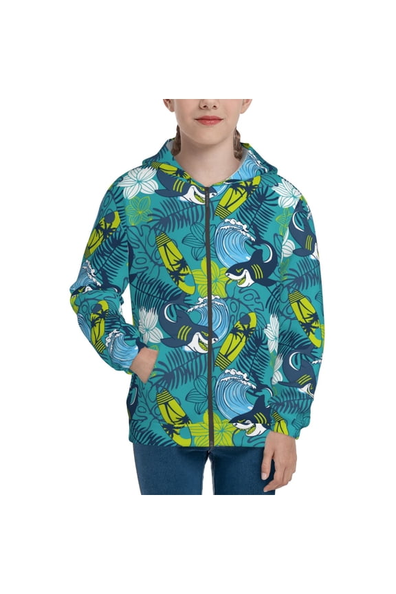 Shark And Leaves Teenage Zipper Hoodie, Long Sleeve Zip Up Hoodies Casual Jackets Tops for 7-12 Years-Medium