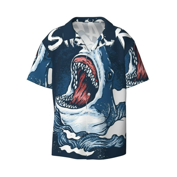 Naloa Shark Men's Loose Fit Cuban Collar Short-Sleeve Shirt with Button-down and Chest Pocket for Everyday Wear Outings - X-Large