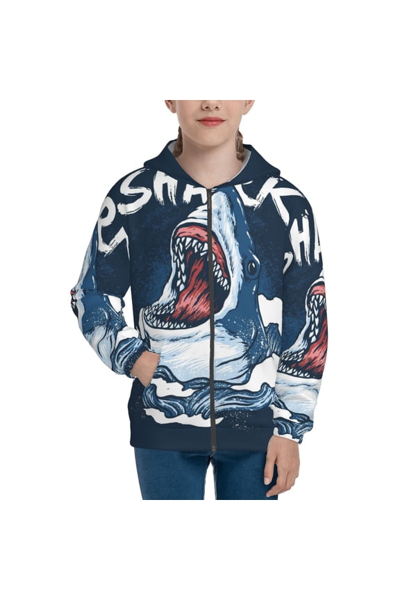 Shark Teenage Zipper Hoodie, Long Sleeve Zip Up Hoodies Casual Jackets Tops for 7-12 Years-Small