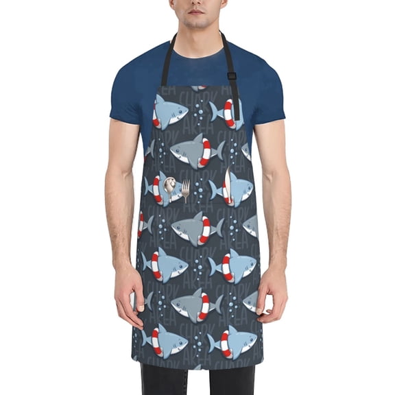 Naloa Shark Wearing Swim Ring Apron Kitchen Aprons with Pockets for Women Men Chef