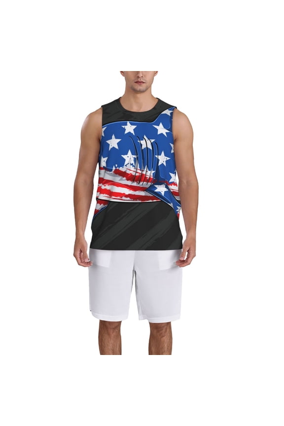 Shark With USA Flag Basketball Jersey Reversible Men's Mesh Athletic Sports Shirts Training Practice S-4XLMedium