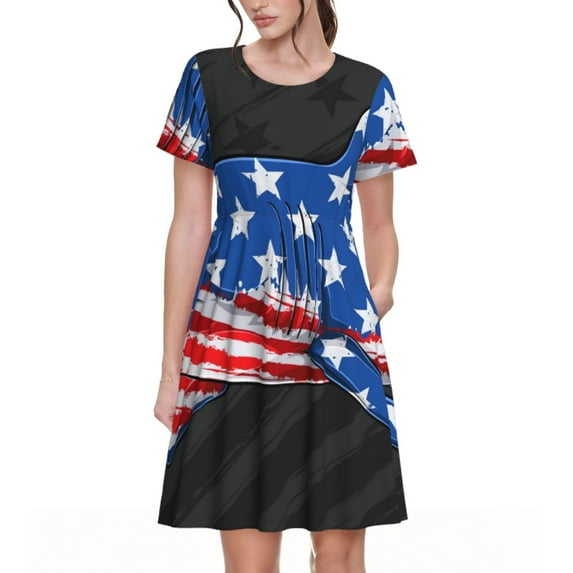 Naloa Shark With USA Flag Print Womens Summer A-Line Dress with Pockets,Short Sleeve Dresses,Flowy Beach Swing Dress for Vacation Travel