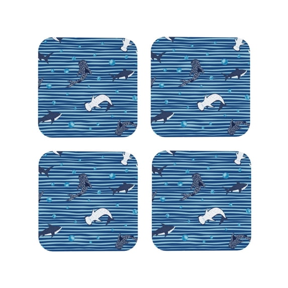 Naloa Sharks on White Blue Striped Coasters for Set of 4 - PU Leather Coasters, Coasters for Table Cup Tea Coffee Beer, Decorative for Kitchen Homedecor (Round)