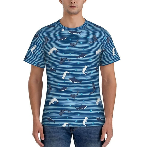 Naloa Sharks on White Blue Striped Men's T-Shirt Sport T-shirt Men's Basic Tee Casual Men's Shirt, Round Neck, Short Sleeves - Medium