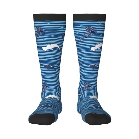 Naloa Sharks on White Blue Striped Thigh High Socks Extra Long Stretchy Sock Women Over Knee High Opaque Stocking Daily Wear