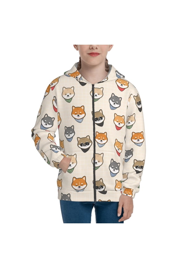 Shiba Head Face Teenage Zipper Hoodie, Long Sleeve Zip Up Hoodies Casual Jackets Tops for 7-12 Years-Small