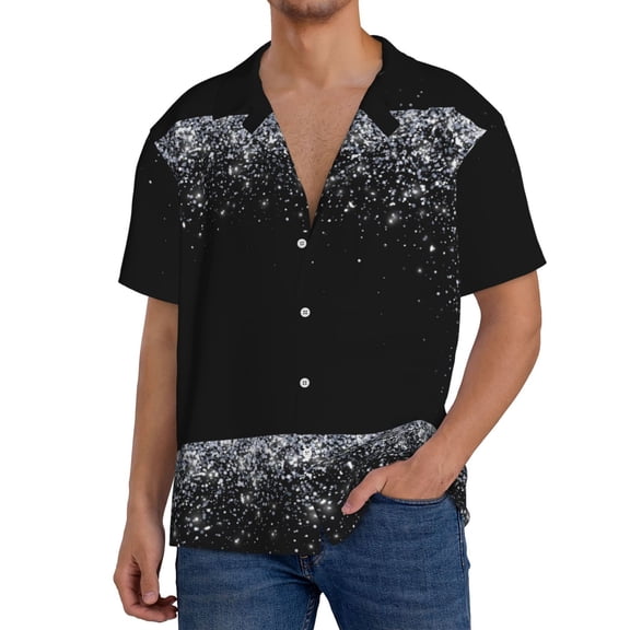 Naloa Silver Glitter1 Men's Loose Fit Cuban Collar Short-Sleeve Shirt, Hawaiian Shirts, Mens Shirts Casual for Everyday Wear Outings-3X-Large