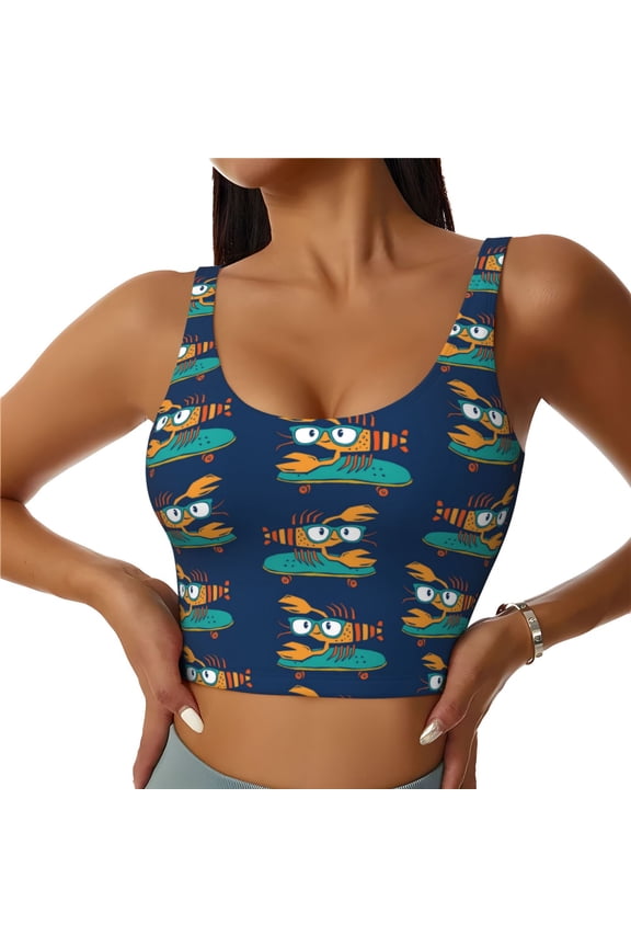 Skateboard Rides Cartoon Lobster Sports Bras for Women,Sports Bras for Women High Support with Removable Pads-X-Large